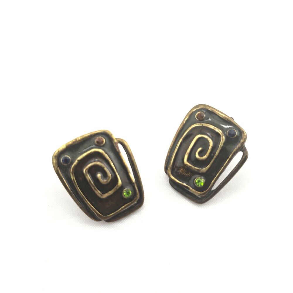 Vintage Abstract Spiral Post Earrings Gold Tone Modernist Glass Rhinestones